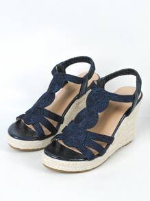 Women's Woven Wedge Sandals, Simple Elastic Band High Heel Shoes, Vacation Thick Bottom Sandals - Blue - View 3
