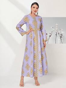 Al Najma Gold Damask Print Belted Dress Kaftan Jalabiya Dress - Purple - View 5