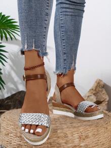 Color Block Women's Vacation Style Braided Wedge Sandals - Silver - View 4