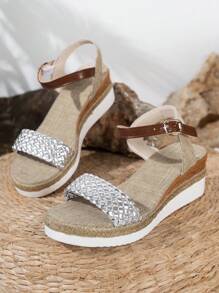Color Block Women's Vacation Style Braided Wedge Sandals - Silver - View 6