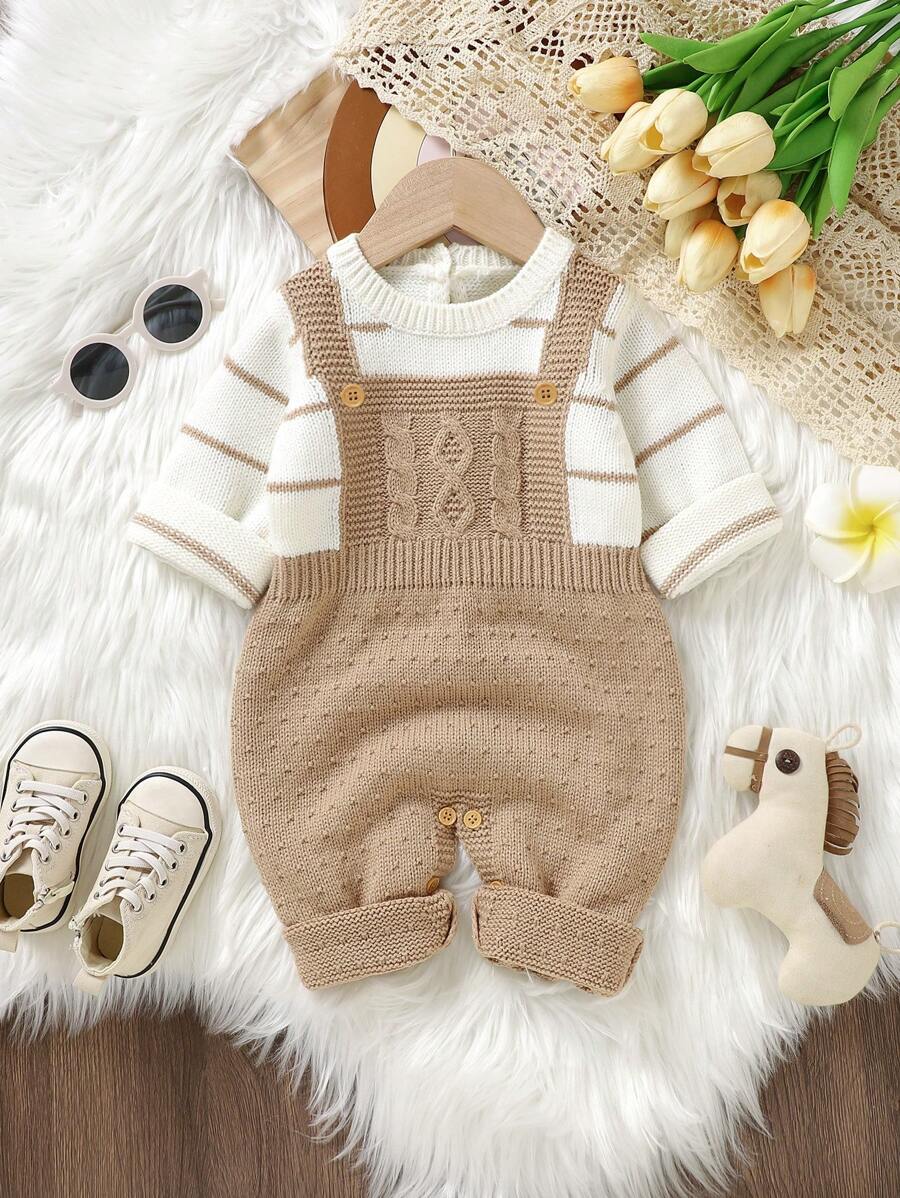 Baby Girl Striped Pattern Button Front 2 In 1 Jumpsuit - Camel - View 1