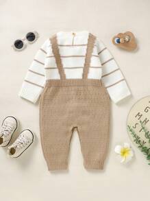 Baby Girl Striped Pattern Button Front 2 In 1 Jumpsuit - Camel - View 2
