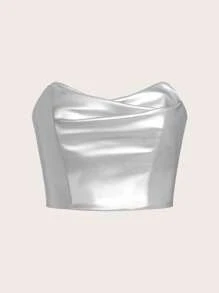 SHEIN ICON Chất rắn Da giả Áo Tube Crop - Bạc - Xem 1