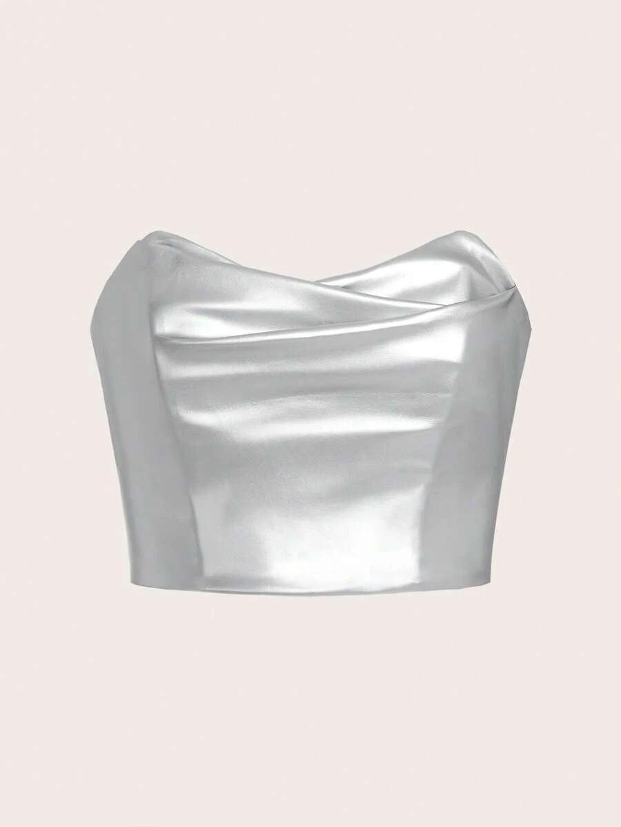 SHEIN ICON Chất rắn Da giả Áo Tube Crop - Bạc - Xem 1