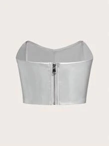 SHEIN ICON Chất rắn Da giả Áo Tube Crop - Bạc - Xem 2