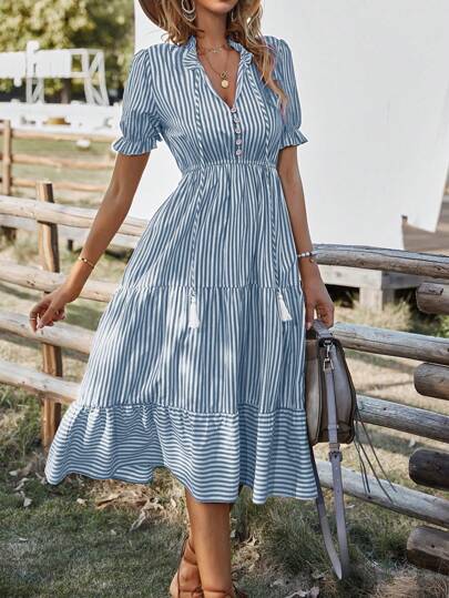 SHEIN VCAY 條紋印花泡泡袖荷葉邊連衣裙