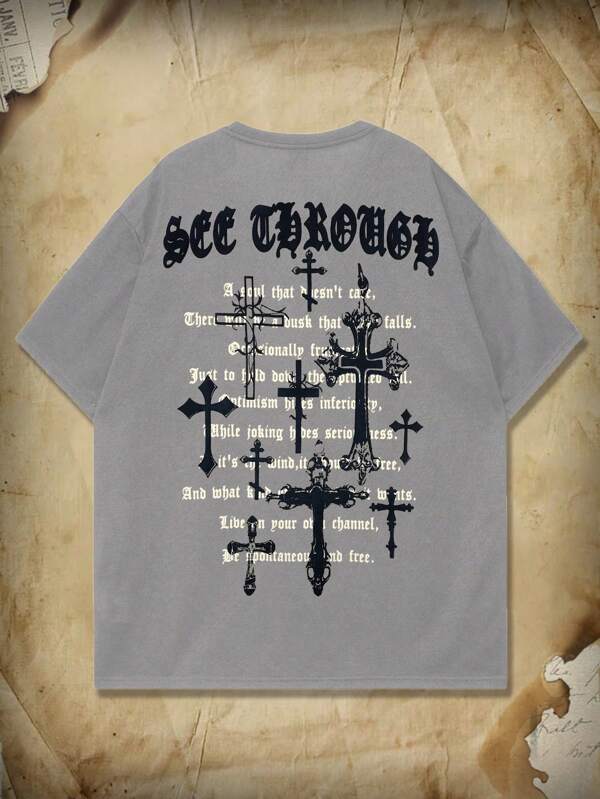 ROMWE MEN Academia Camiseta gráfica con diseño de cruz para hombres, para Halloween, escuela