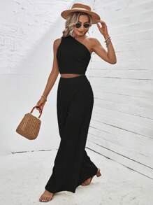 SHEIN Holidaya 單肩短款上衣&闊腿褲 - 黑色 - 查看 1