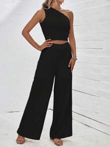 SHEIN Holidaya 單肩短款上衣&闊腿褲 - 黑色 - 查看 3