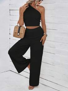 SHEIN Holidaya 單肩短款上衣&闊腿褲 - 黑色 - 查看 5