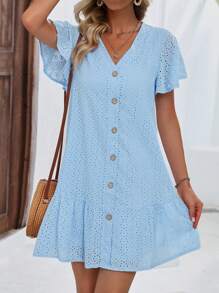 SHEIN LUNE Eyelet Embroidery Button Front Ruffle Hem Smock Dress - Baby Blue - View 1