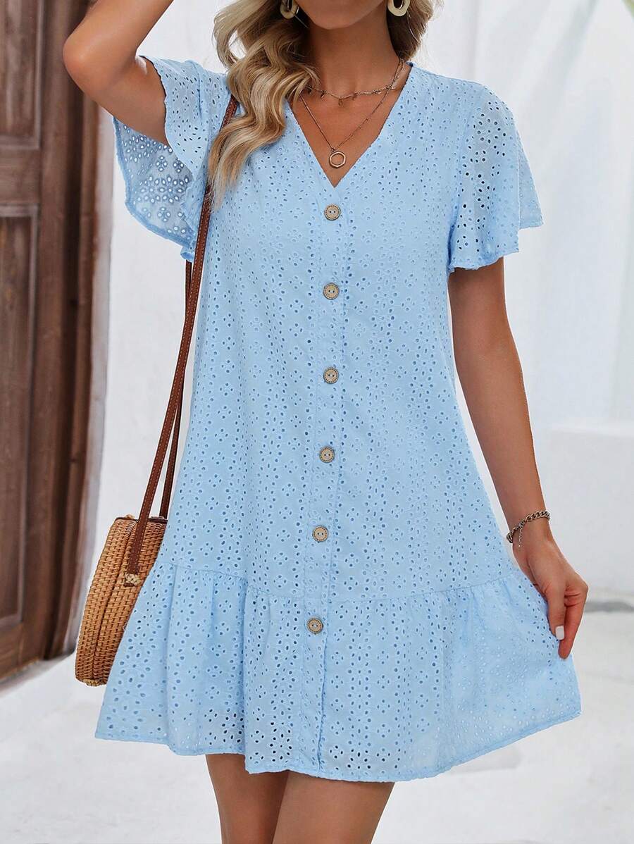 SHEIN LUNE Eyelet Embroidery Button Front Ruffle Hem Smock Dress - Baby Blue - View 1
