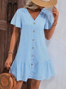 SHEIN LUNE Eyelet Embroidery Button Front Ruffle Hem Smock Dress - Baby Blue - View 3