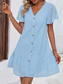 SHEIN LUNE Eyelet Embroidery Button Front Ruffle Hem Smock Dress - Baby Blue - View 4