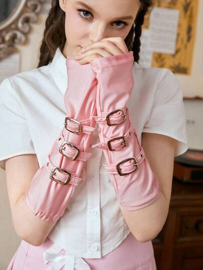 Fairycore 1pair Women Solid Buckle Decor Arm Sleeves