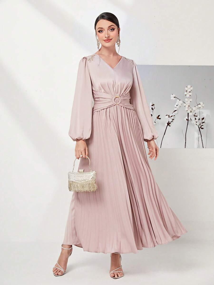 Modelyn 燈籠袖抽褶腰百褶下擺洋裝 - 粉色 - 查看 1