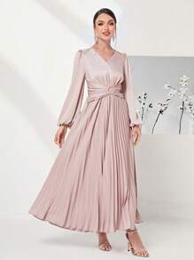 Modelyn 燈籠袖抽褶腰百褶下擺洋裝 - 粉色 - 查看 3