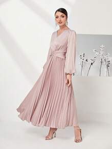 Modelyn 燈籠袖抽褶腰百褶下擺洋裝 - 粉色 - 查看 4