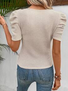 SHEIN Frenchy Solid Puff Sleeve Waffle Knit Tee - Apricot - View 2