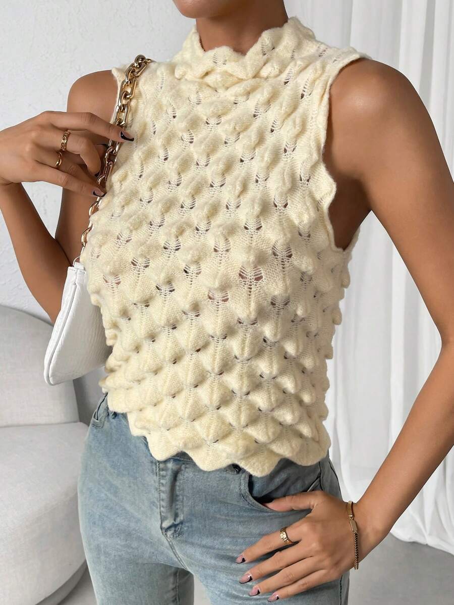 Chiquease Cổ giả Cắt vỏ sò Knit ngọn - Màu be - Xem 1