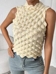 Chiquease Cổ giả Cắt vỏ sò Knit ngọn - Màu be - Xem 4