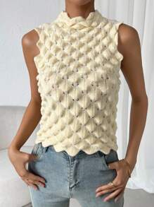 Chiquease Cổ giả Cắt vỏ sò Knit ngọn - Màu be - Xem 5
