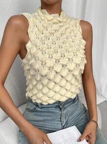 Chiquease Cổ giả Cắt vỏ sò Knit ngọn - Màu be - Xem 6