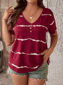 SHEIN LUNE Plus Tie Dye V Neck Tee - Red and White - View 4