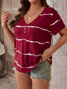 SHEIN LUNE Plus Tie Dye V Neck Tee - Red and White - View 1