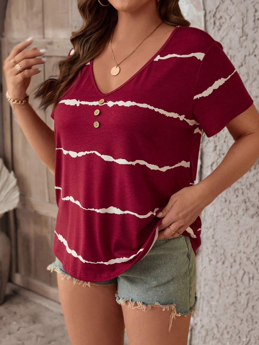 SHEIN LUNE Plus Tie Dye V Neck Tee - Red and White - View 1