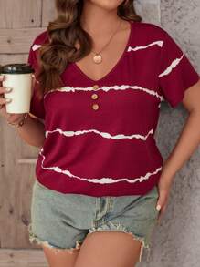 SHEIN LUNE Plus Tie Dye V Neck Tee - Red and White - View 3