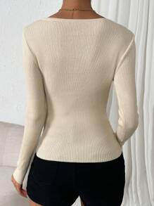 SHEIN Privé Jersey escote corazón tejido de canalé - Albaricoque - Ver 2