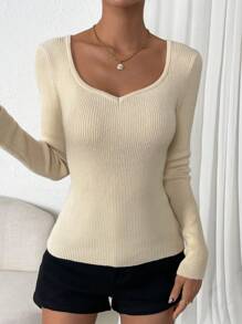 SHEIN Privé Jersey escote corazón tejido de canalé - Albaricoque - Ver 3