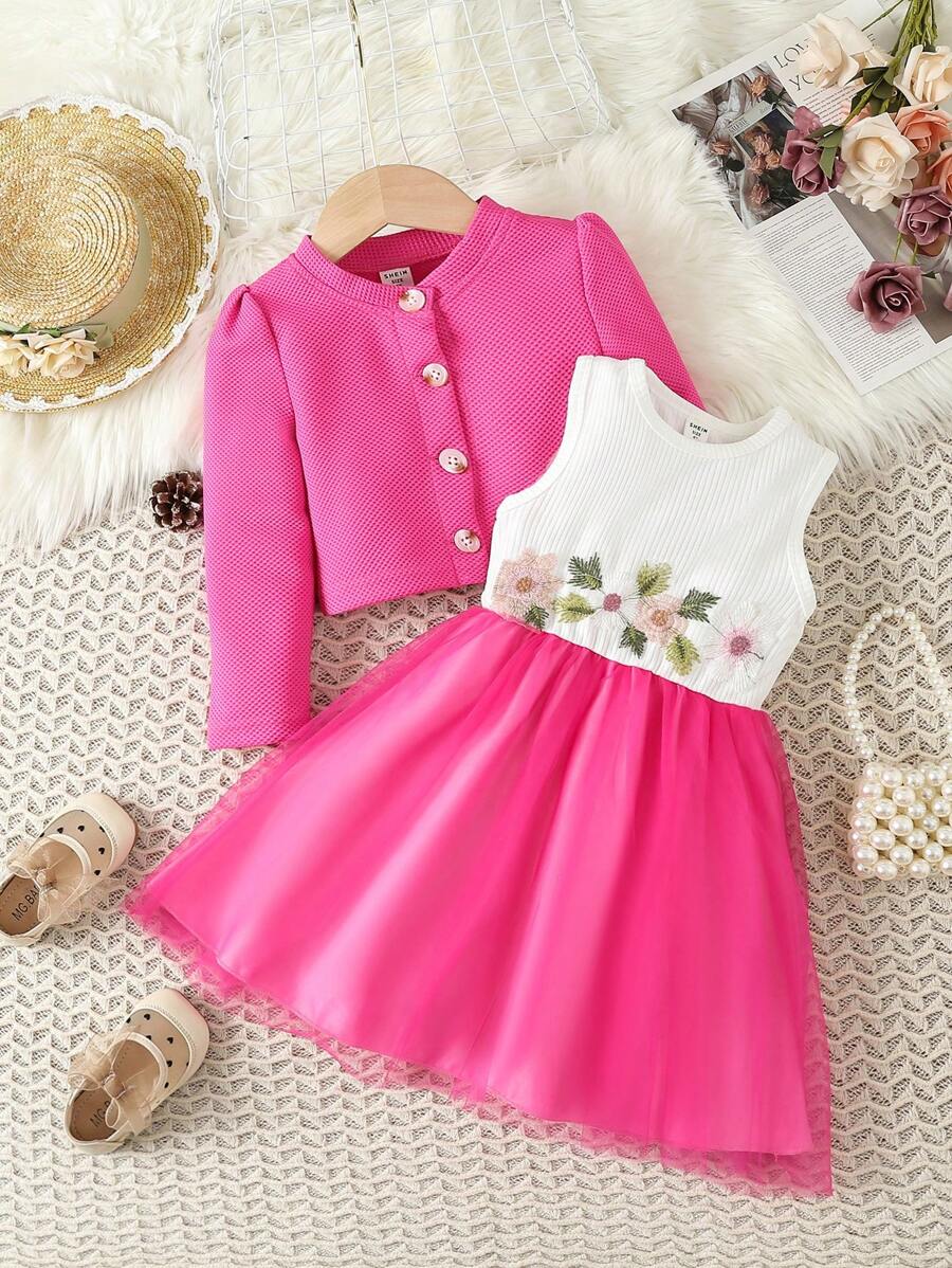 SHEIN Cô Gái Trẻ Thêu hoa Váy lưới che phủ & Ống tay áo Áo khoác - Nhiều màu - Xem 1