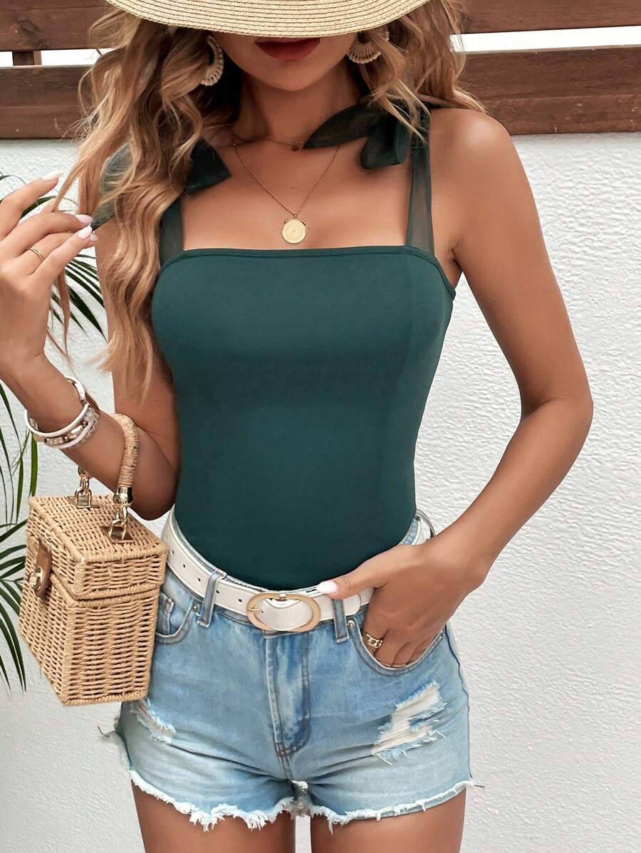 SHEIN Frenchy Solid Tie Shoulder Cami Top Summer Green Casual - Dark Green - View 1