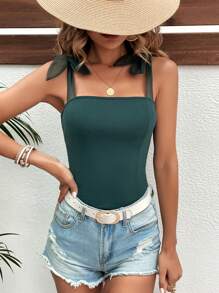 SHEIN Frenchy Solid Tie Shoulder Cami Top Summer Green Casual - Dark Green - View 3