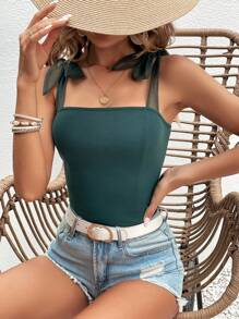 SHEIN Frenchy Solid Tie Shoulder Cami Top Summer Green Casual - Dark Green - View 5