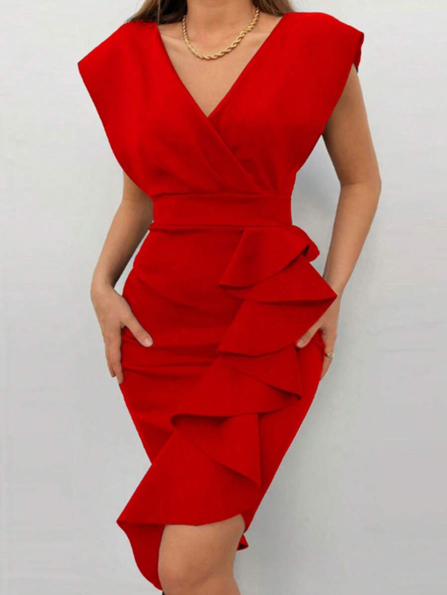 EURMUSE 交疊領荷葉邊緊身連衣裙