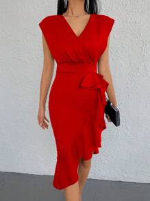 EURMUSE 交疊領荷葉邊緊身連衣裙