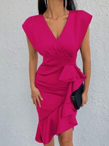 EURMUSE Elegant Party Solid Color Ruffle Trim Fitted Dress - Pink - View 4