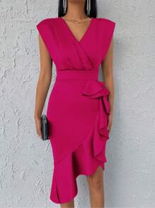EURMUSE Elegant Party Solid Color Ruffle Trim Fitted Dress - Pink - View 5
