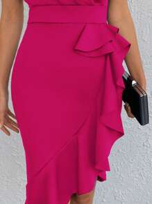 EURMUSE Elegant Party Solid Color Ruffle Trim Fitted Dress - Pink - View 6