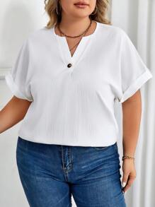 SHEIN LUNE 大碼缺口領蝙蝠袖襯衫 - 白色 - 查看 4