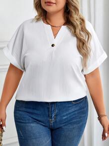 SHEIN LUNE 大碼缺口領蝙蝠袖襯衫 - 白色 - 查看 5