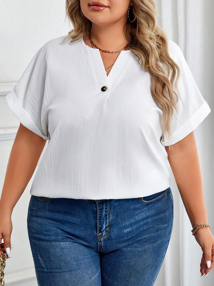 Plus Notched Neckline Batwing Sleeve Blouse