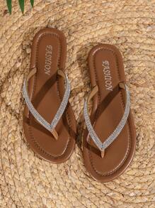 Women Comfortable Rhinestone Decor Toe Post Flat Sandals, Glamorous Summer Faux Suede Thong Sandals - Brown - View 3