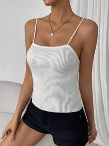 Chiquease Chất rắn Áo thun dệt kim Cami - trắng - Xem 4