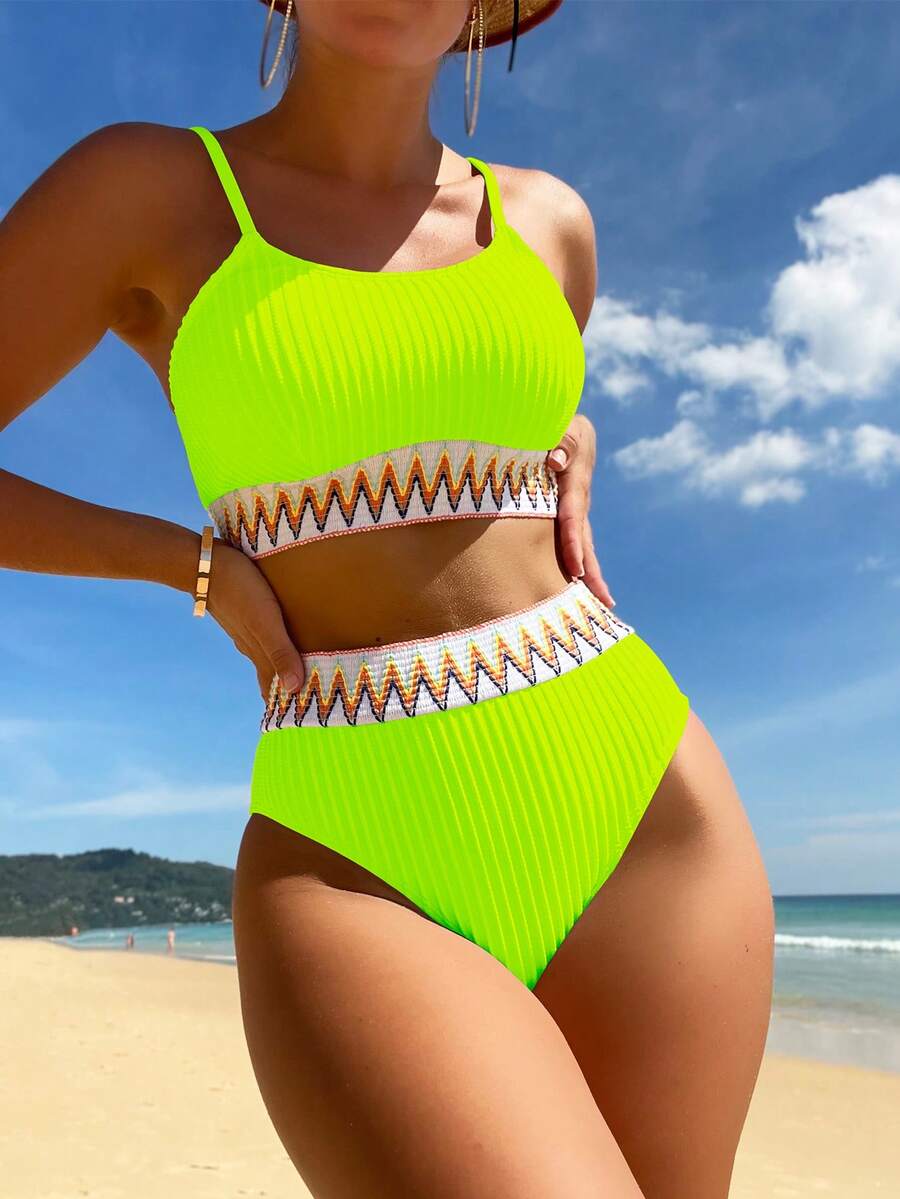 Chevron Tape Bộ bikini cạp cao neon Bộ đồ tắm cho bãi biển mùa hè - Màu vàng - Xem 1