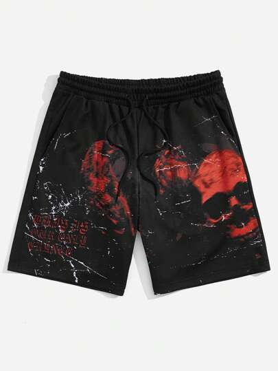 Guys Skull & Letter Graphic Drawstring Waist Shorts