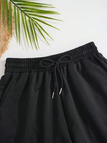 INAWLY Women's Solid Color Casual Drawstring Shorts - Black - View 3